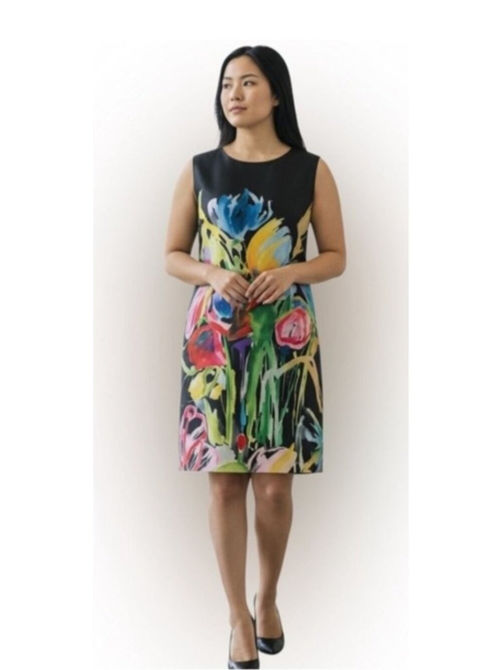 NWT Caroline Rose Gianna Sleeveless Mini Dress Floral Black Size L $398 [jb]